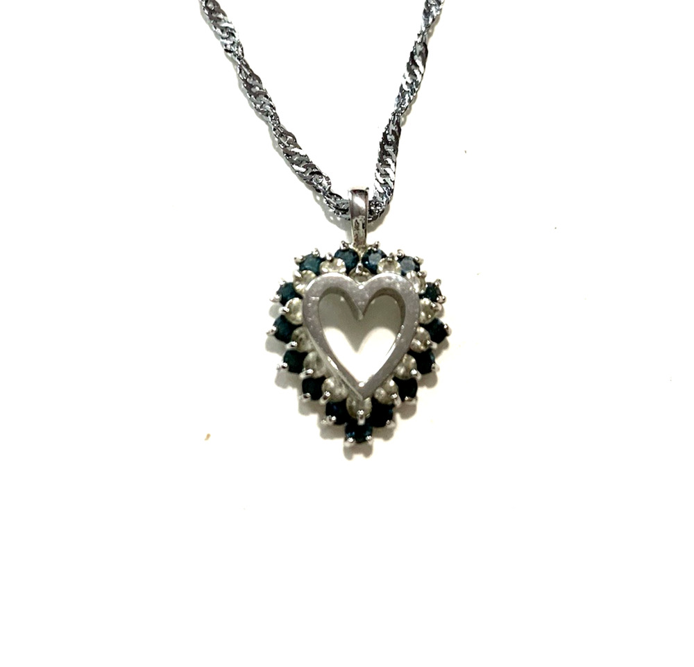 Vintage Silver Tone Heart Pendant Faux Sapphire CZ Accents Open Construction 17"